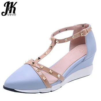 

JK T Strap Sandals Women Pointed Toe Footwear Rivet Wedges High Heels Sandals Shoes Casual Studded Shoes Woman Summer 2019 New