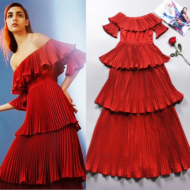 

2018 Trend Summer Stylish High Street Solid Color Pleated Ball Gown Dresses Slash Neck Cascading Ruffle Long Dress High Quality