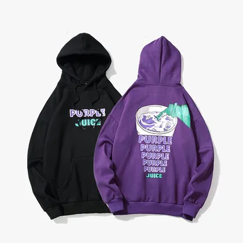 

Mens Pullover Couple Sweatshirt Black Purple Drink Printed Hooded Men Velvet Top Hip Hop Sportswear Streetwear
