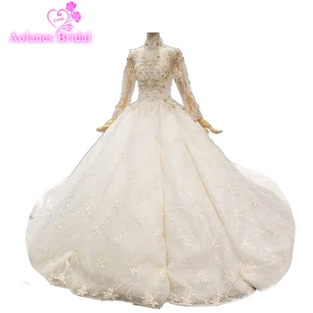 

Hot Sale Dubai Crystal Flowers Ball Gown Wedding Dresses 2018 New Long Sleeve Muslim Lace Appliques Wedding Gowns Bridal Dresses