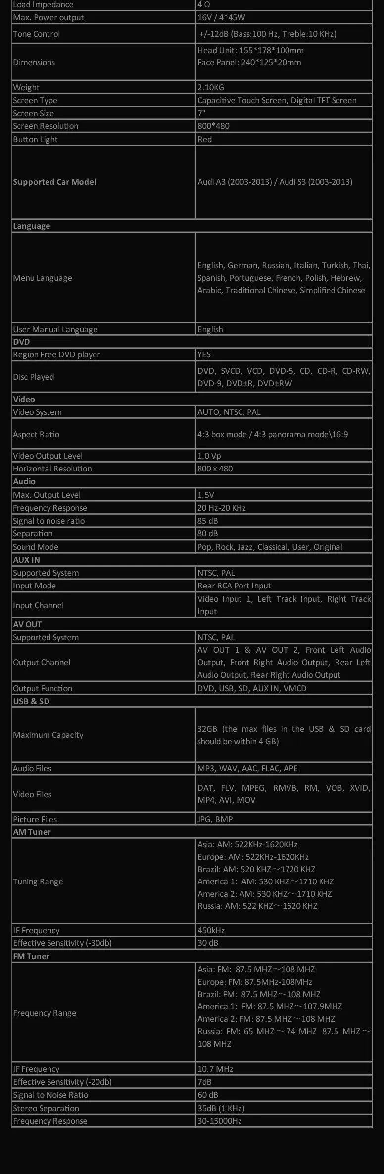 Discount 7" Capacitive Touch Screen Special Car DVD for Audi A3 2003-2013 & Audi S3 2003-2013 with External DVR Camera Support 7