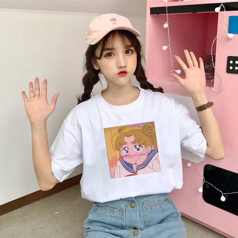 

2019 Summer New Harajuku Sailor Moon T-Shirts for Women Students Girls Cartoon print Tshirt Short Sleeve Slim Plus size Tops Tee