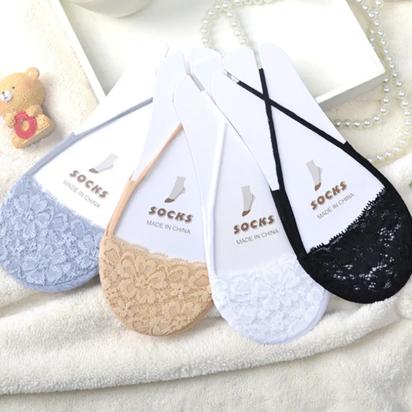 

New Fashion 4 Pair Lace Comfortable Solid Half Sole Cover Invisible Sock Hot Sale Nylon Sock For Women Wear High-heeled Shoes