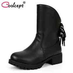 Coolcept/женские ботинки высокого качества на высоком каблуке, теплая обувь на меху с кисточками, женские зимние ботинки на толстом каблуке