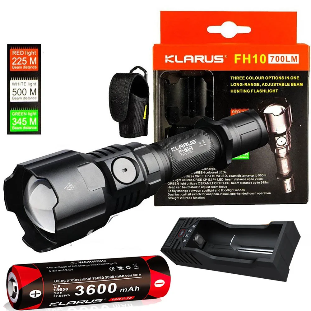

KLARUS FH10 Tactical Flashlight Red Green White LEDs max 700 lumen Adjustable beam 500 meter hunting torch with battery charger