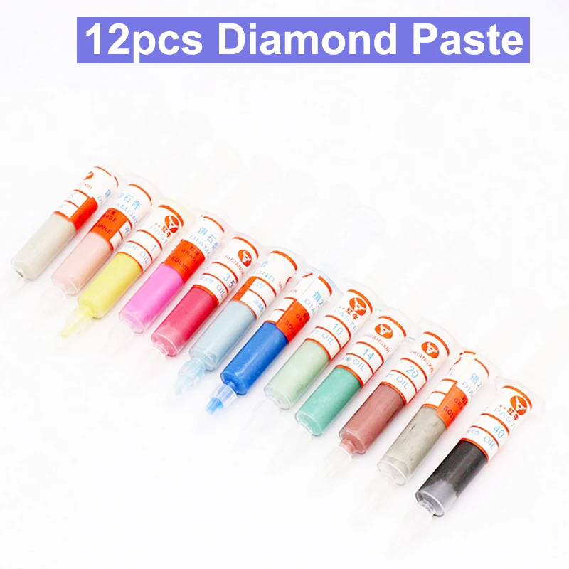 12pcs Diamond Polishing Lapping Paste Compound Syringes 0.5 ~40 Micron Glass Metal Grinding Polishing AbrasIve Tools 12pcs Diamond Polishing Lapping Paste Compound Syringes 0.5 ~40 Micron Glass Metal Grinding Polishing AbrasIve Tools