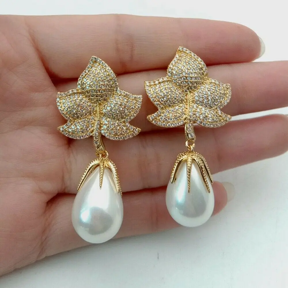 

1.7'' White Sea Shell Pearl Golden Plated Cz Micro Pave Drop Earrings