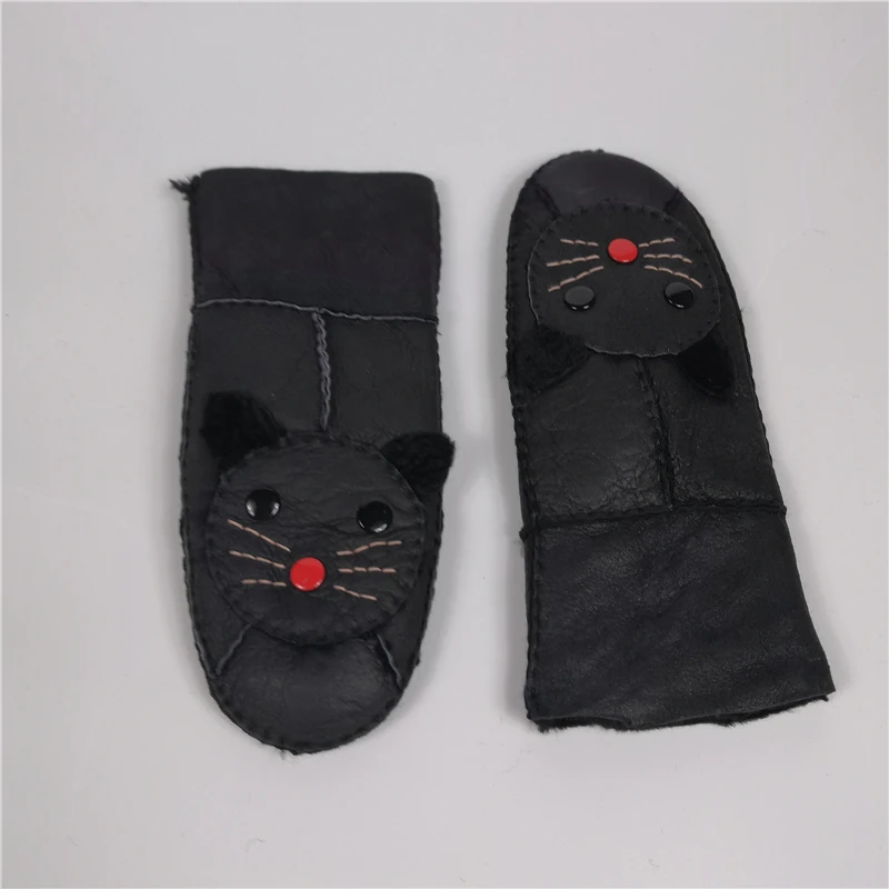 Новые зимние женские теплые ботинки из натуральной овечьей кожи обувь из кожи и меха перчатки милые перчатки "Кошка" варежки; подклад из шерсти