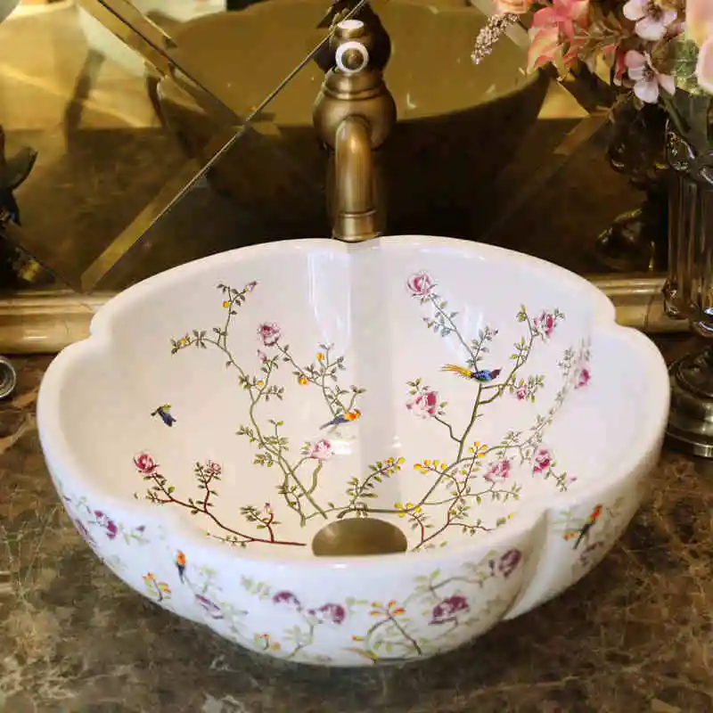 China Painting Flowers and birds Ceramic Painting Art Lavabo Bathroom Vessel Sinks Round counter top wash basin round (7)