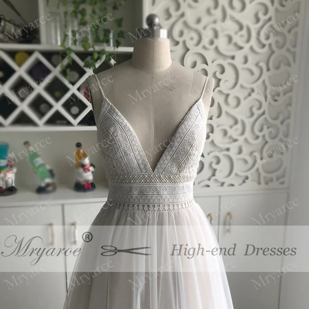 Mryarce Sexy Deep V Neck Open Back Bohemian Wedding Dress 2018 Spaghetti Straps Charming Lace Tulle A Line Beach Bridal Gowns  (7)