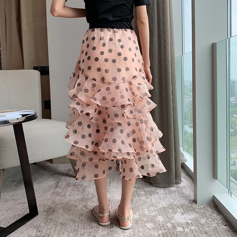 TWOTWINSTYLE Casual Polka Dot Skirt For Women High Waist Bandage Ruffles Slim Chiffon Skirts Female Fashion Summer New