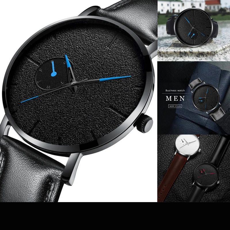 

Minimalism Men Watches Ultra Thin Casual Brand Quartz Simple Blue Pointer WristWatch Leather Strap Business Relogio Masculino