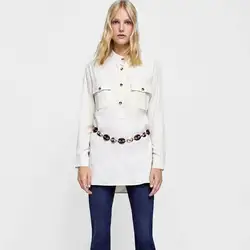 Новые вельветовые длинная рубашка Для женщин Винтаж блузка с длинным рукавом Повседневное с карманом и пуговицы Мода o-образным вырезом