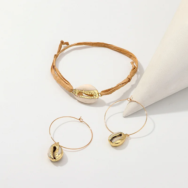 

Cowrie shell Bracelet femme Adjustable Raffia boho friendship Gold Real Seashell Earrings Bracelet Jewelry Set Gift high quality