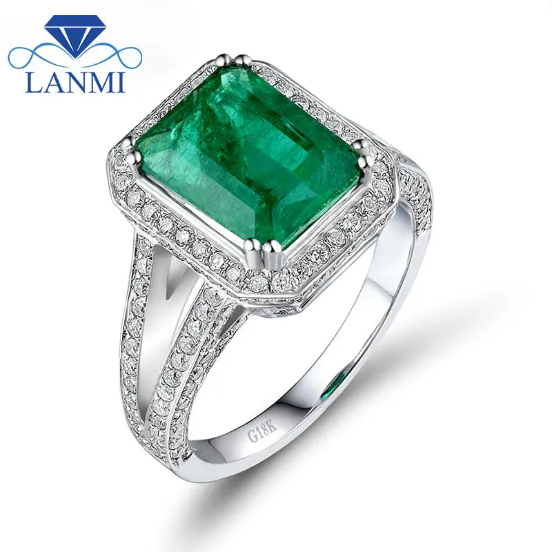 

NEW Gorgeous! Emerald Cut 8x10mm Solid 18kt White Gold Columbian Emerald Engagement Diamond Ring WU039