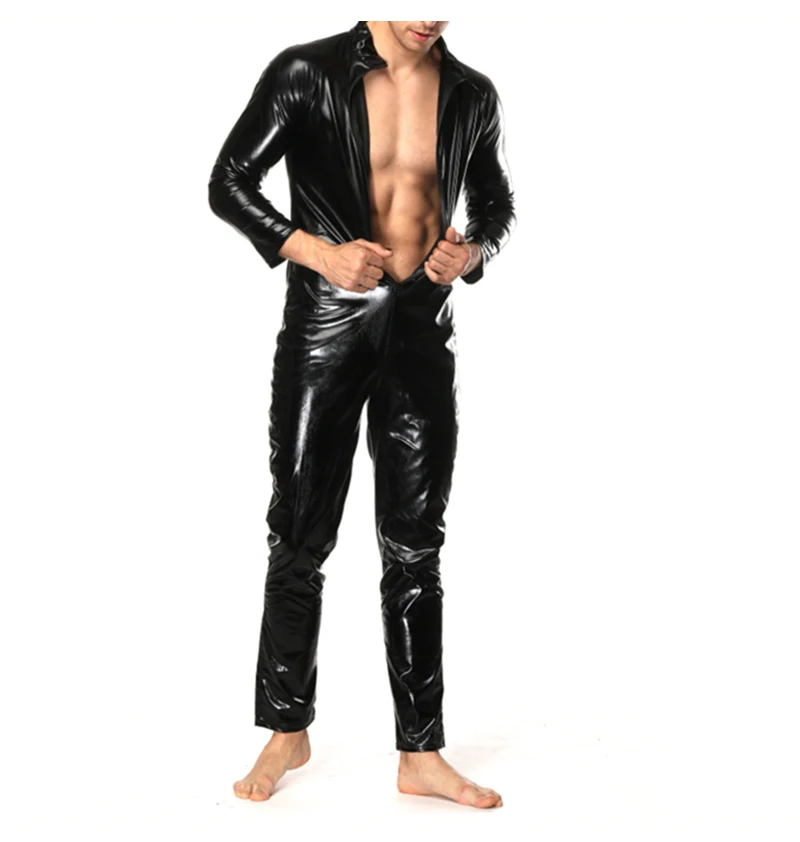 2019 New Sexy Hot Faux Leather Pole dancing Uniform Men's Nightclub Shiny PVC Latex Slim Bodysuit Nightclub prince (5)