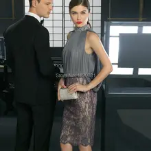 Простые плиссированные серые Короткие Дешевые коктейльные платья с высоким горлом и бисером без рукавов длиной до колена прямые шифоновые кружевные платья в официальном стиле