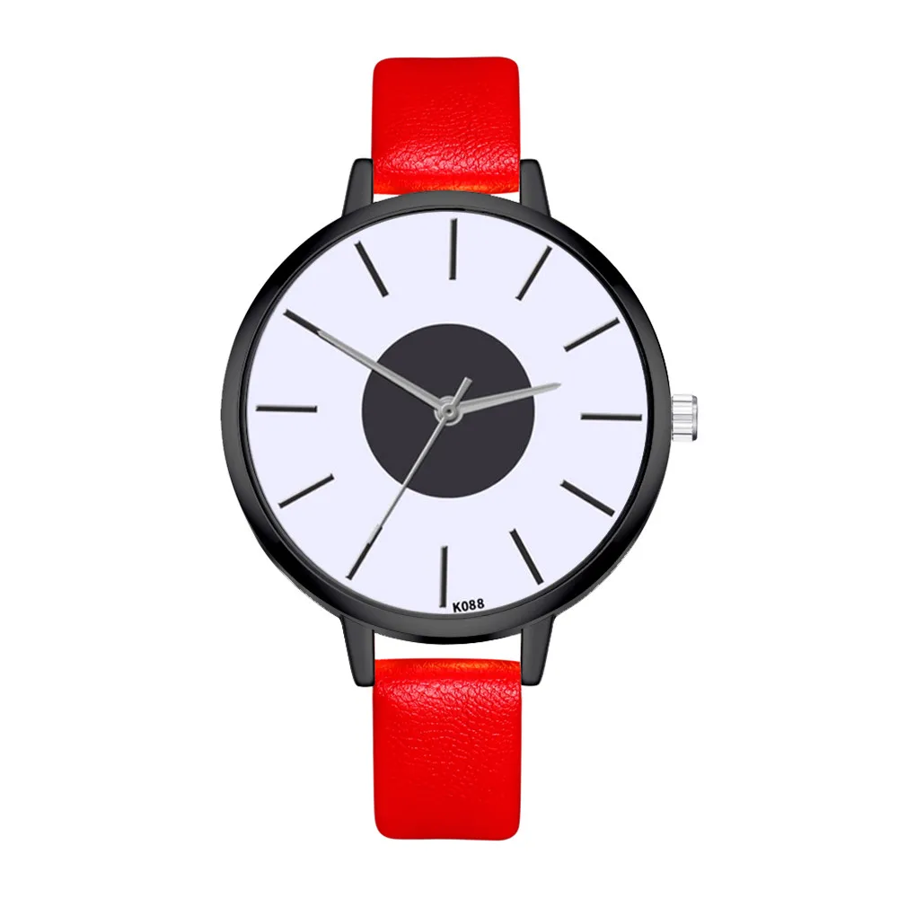 Горячая мода женские часы Круглый Большой циферблат женский кожаный ремешок платье наручные часы в Подарок Кварцевые женские наручные часы Montre Femme# B - Цвет: Красный