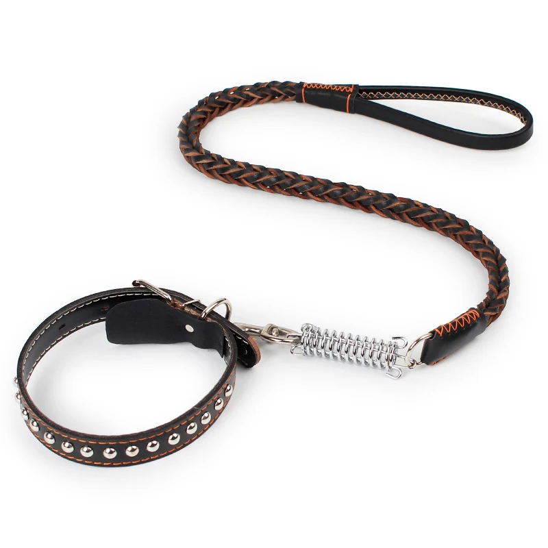 

Dog Supplies Leather Weave Buffer Spring Pet Long Leash Traction Rope Collar Set For Big Dogs Leather Braid Collar and Leash Set