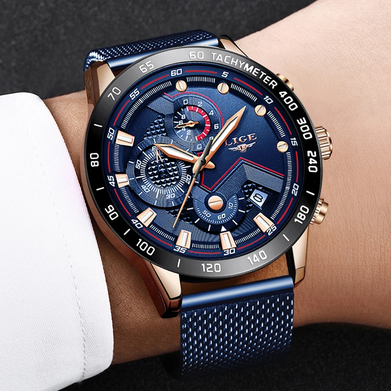 2019 New LIGE Blue Casual Mesh belt Fashion Quartz Gold Watch Mens Watches Top Brand Luxury Waterproof Clock Relogio Masculino