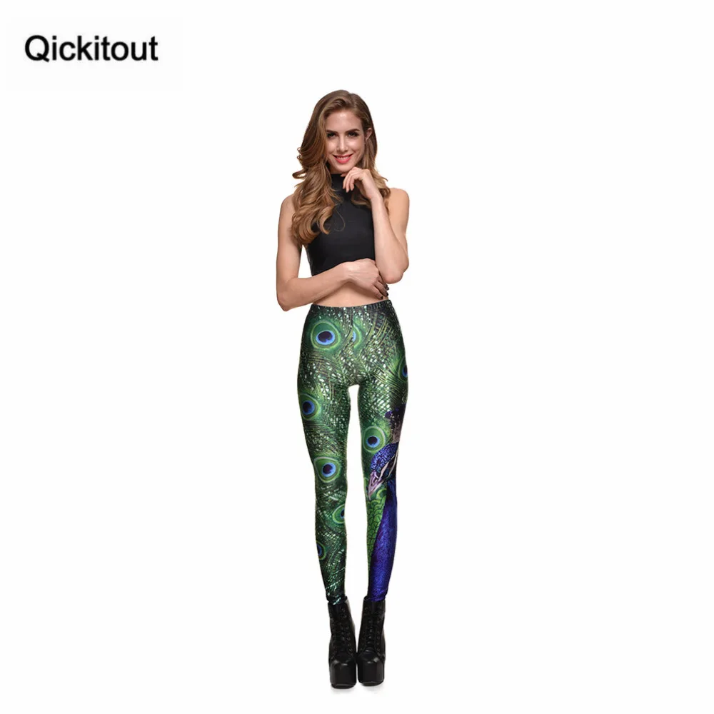 Qickitout леггинсы новые стили сексуальные модные женские леггинсы для фитнеса новые зеленые брюки-джегинсы с изображением павлина