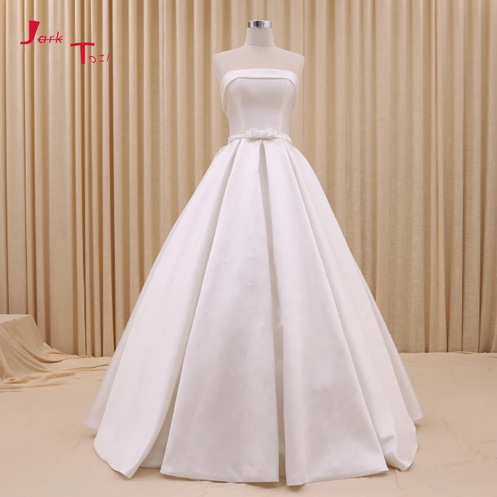 

Jark Tozr Custom Made Bridal Gowns Vestido De Noiva Off The Shoulder Strapless Red White Bow Simple Satin Wedding Dresses Turkey