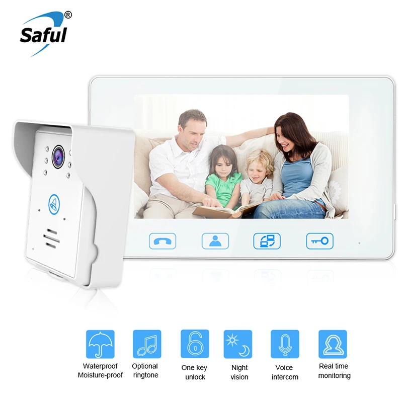 

Saful 7''color wired video door Phone Waterproof TFT LCD white door intercom video phone with Electric lock-control function