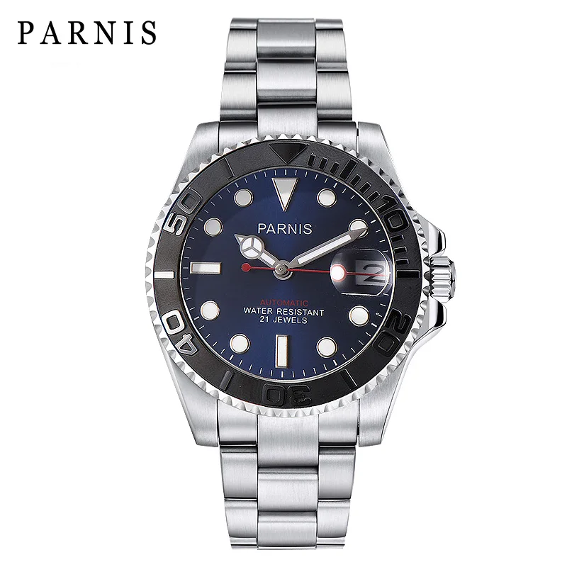 Parnis 40 мм синий с циферблатом механический мужские часы с автоматическим подзаводом керамический ободок браслет из нержавеющей стали водонепроницаемые мужские часы настенные часы - Цвет: blue dial