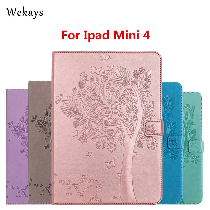 Wekays Чехол для iPad mini 4 Роскошный кожаный флип-чехол с рисунком кота и дерева для Apple iPad mini 4 стенд полное покрытие чехол