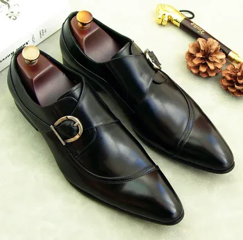 

England Style Men Pointed Toes Leather Shoes Male Slip on Business Loafers England Style Buckle Strap Casual Dress Shoes