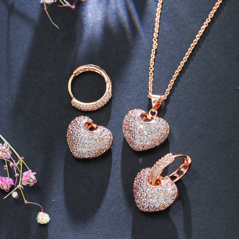 CWWZircons Micro Pave кубический цирконий розовое золото цвет сердце серьги кольца и ожерелье известный бренд Ювелирные наборы для женщин T082