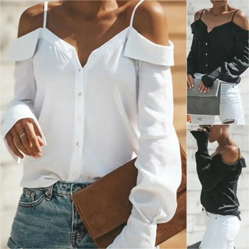 

Women's Cold Off Shoulder Tops Shirt Long Sleeve Strappy Summer Blouse
