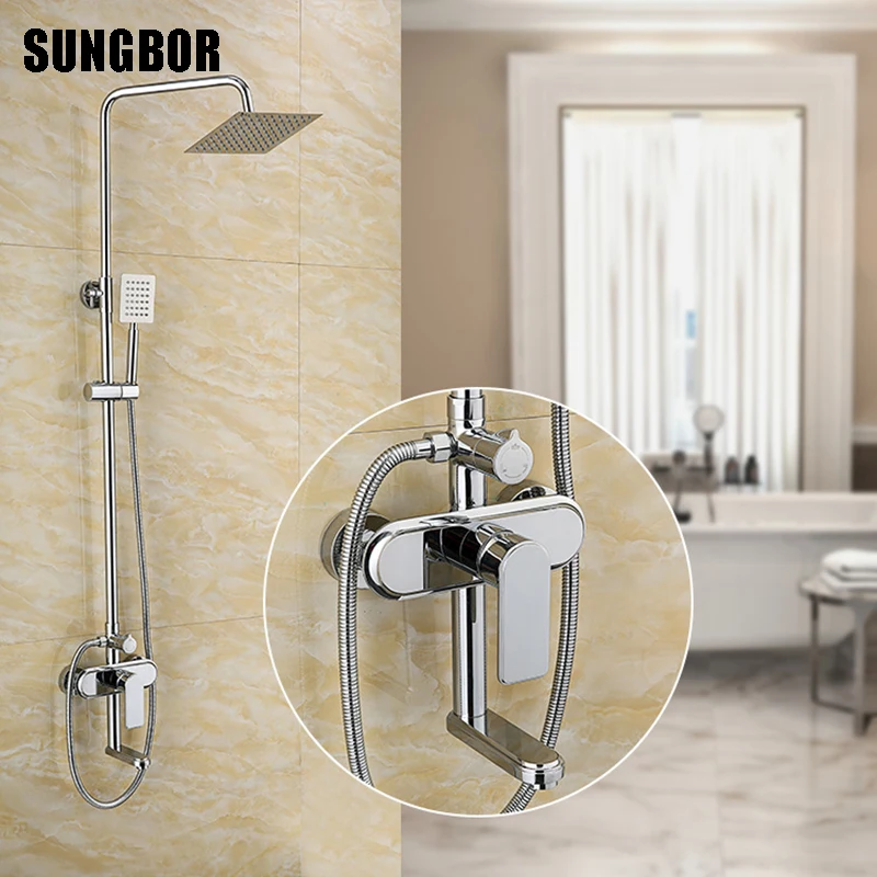 

Chrome Bathroom Shower Set Faucet with 8" Ultrathin Showerhead and Handshower Swivel Bathtub Tap Adjust Height LX-12134