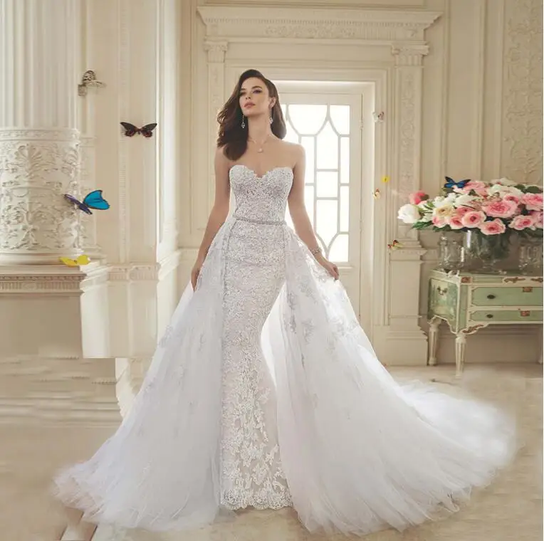 

Vintage Sexy Removable Long Train Lace up Bridal Gown with Crystal Beading Sweetheart Tulle Lace Beach Wedding Dresses 2019