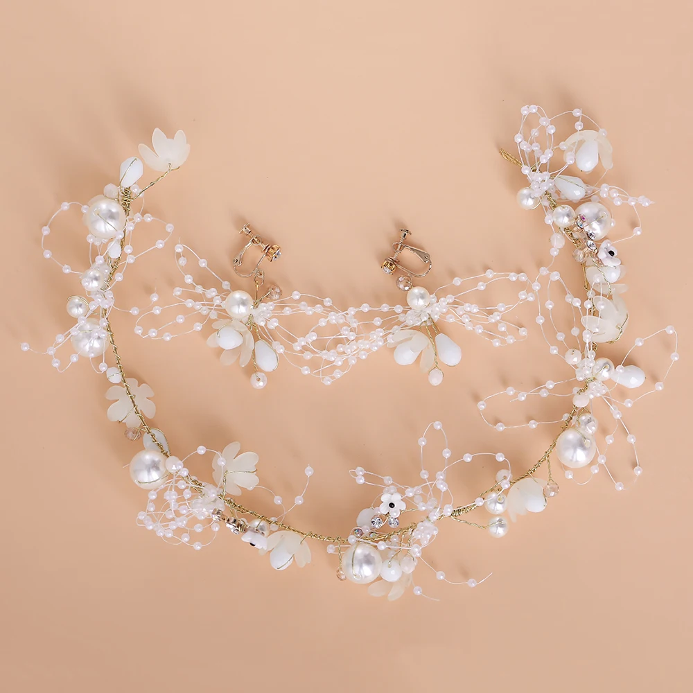 

Handmade Simulated Pearls Flower Headband Hair Accessories Princess Bride Wedding Engagement Headdress with Clip-On Earrings New