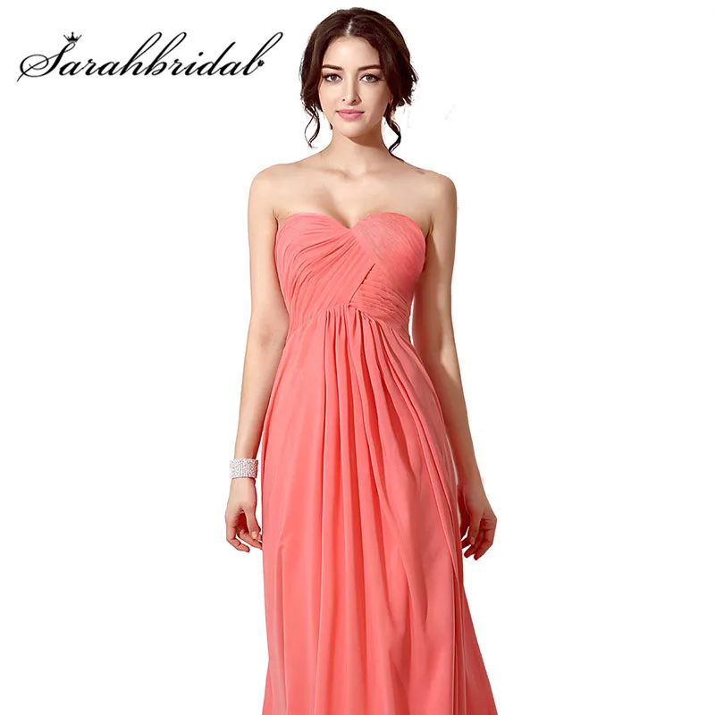 Coral Cheap Evening Dresses Long Chiffon Sexy Sweetheart Pleats Lace Up Back Floor Length Party Prom Gowns SD182