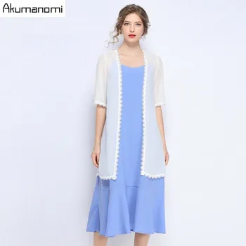 

2 Piece Set Women 2019 Plus Size Summer V-neck Half Sleeve Cardigan Ruffles Solid Vest Dress Suits Twe Piece Set Free Shipping