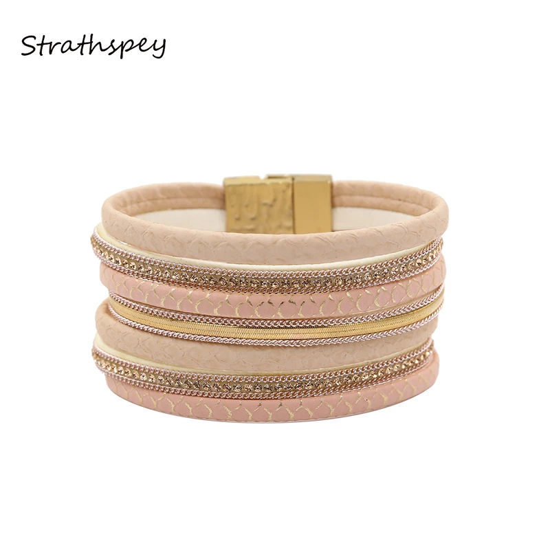 

STRATHSPEY Multilayer Charm Bracelets For Women Vintage Magnetic Leather Bracelet Nature Pink Wristbands argent