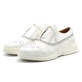 

2017 white/black carved geometric genuine leather Oxford thick bottom round toe lace up casual oxford men's fashion trainers 45