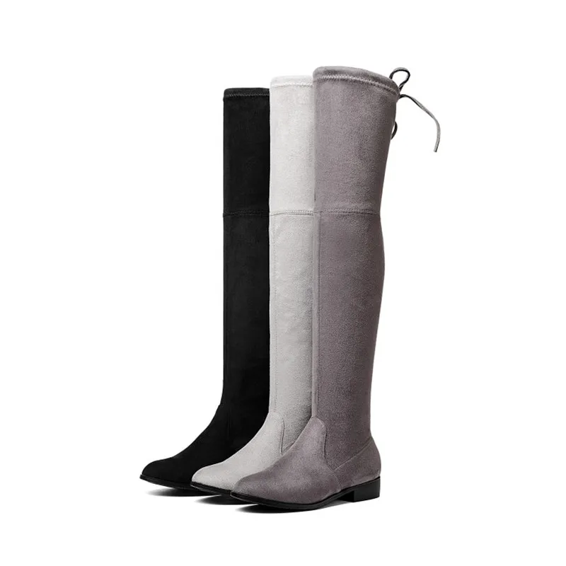 MORAZORA New Women Boots Stretch Faux Suede Over the Knee Boots Flat Thigh High Ladies Long autumn winter shoes gray