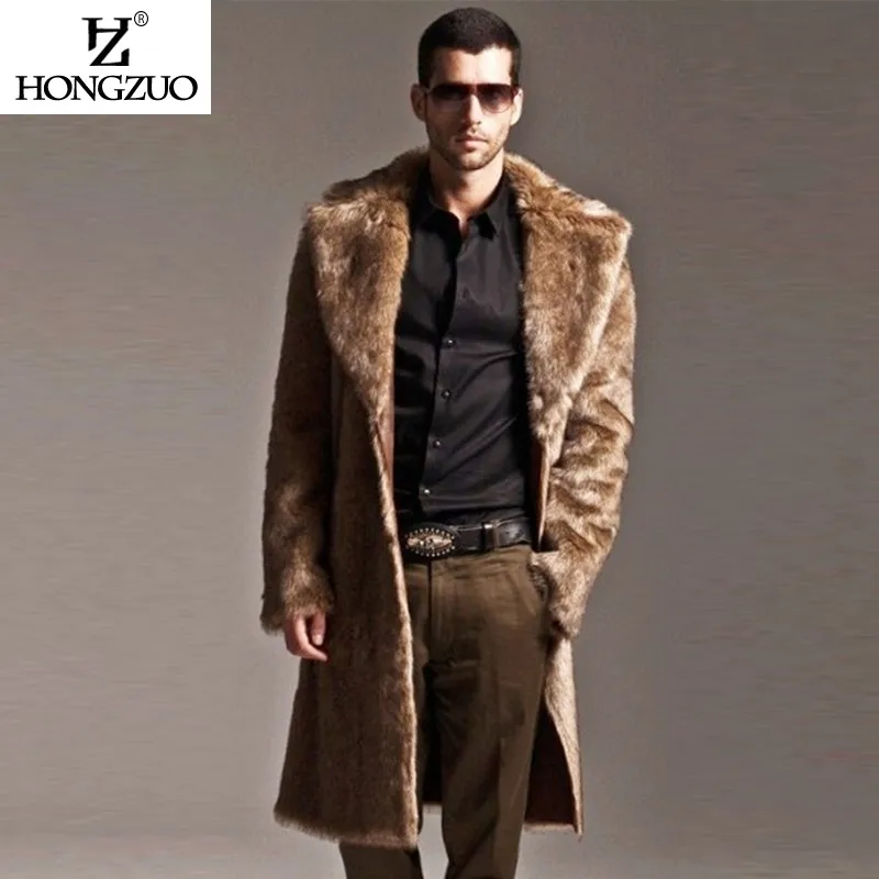 Hongzuo бренд 2017 Для мужчин длинные Мех животных пальто плюс Размеры зима искусственный Лисий Мех животных Мода Толстые теплые Черная