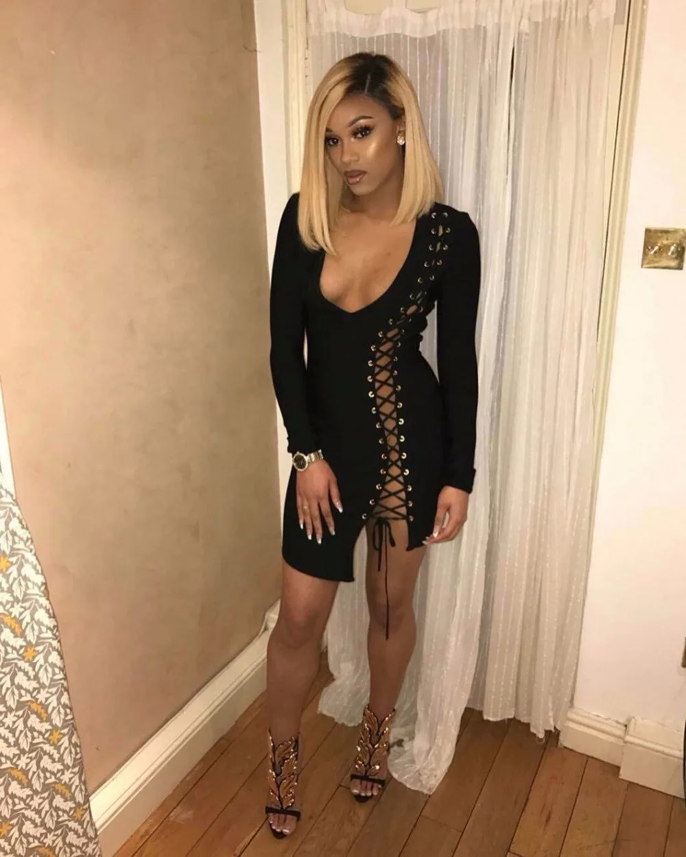 

Hot Black Solid bodycon lace up bandage dress Women Spring Long Sleeve Low Cut V-Neck Irregular Sexy Mini Dress LS6032