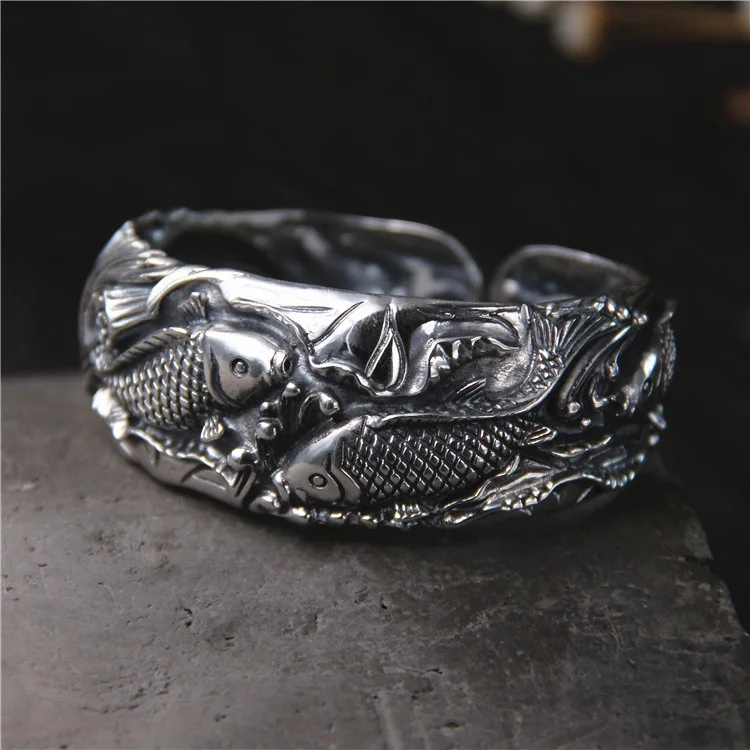 

Open Wide Face Retro Thai Silver Bracelet S999 Sterling Silver Carved Carp Female Bracelet for Monther Gifts