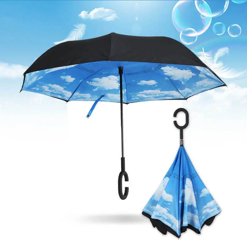 

Upside Down Inverted C-Handle Parasol Folding Rain Windproof Umbrella Double Layers Inverted Reverse