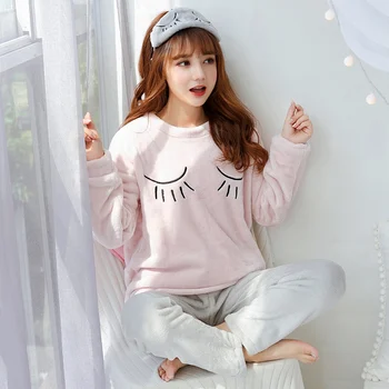 

Winter Pyjamas Women Cartoon Cute Thick Warm Coral Flannel Pajamas for Women Pink Tops Pants Sleepwear Set Home Clothing