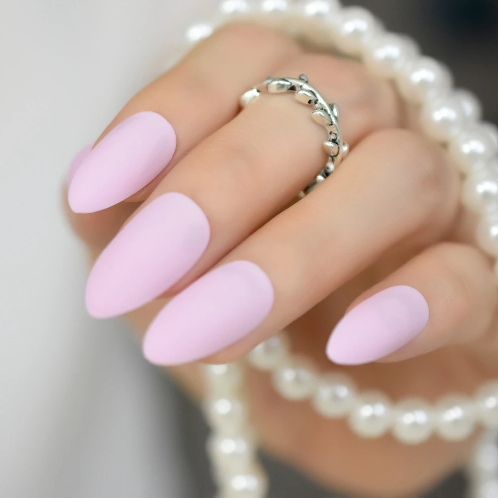 

Matte Soft Pink Stiletto Fake Nails Almond Pointed Press on Oval Frosted Full Cover False Nail Art Tips
