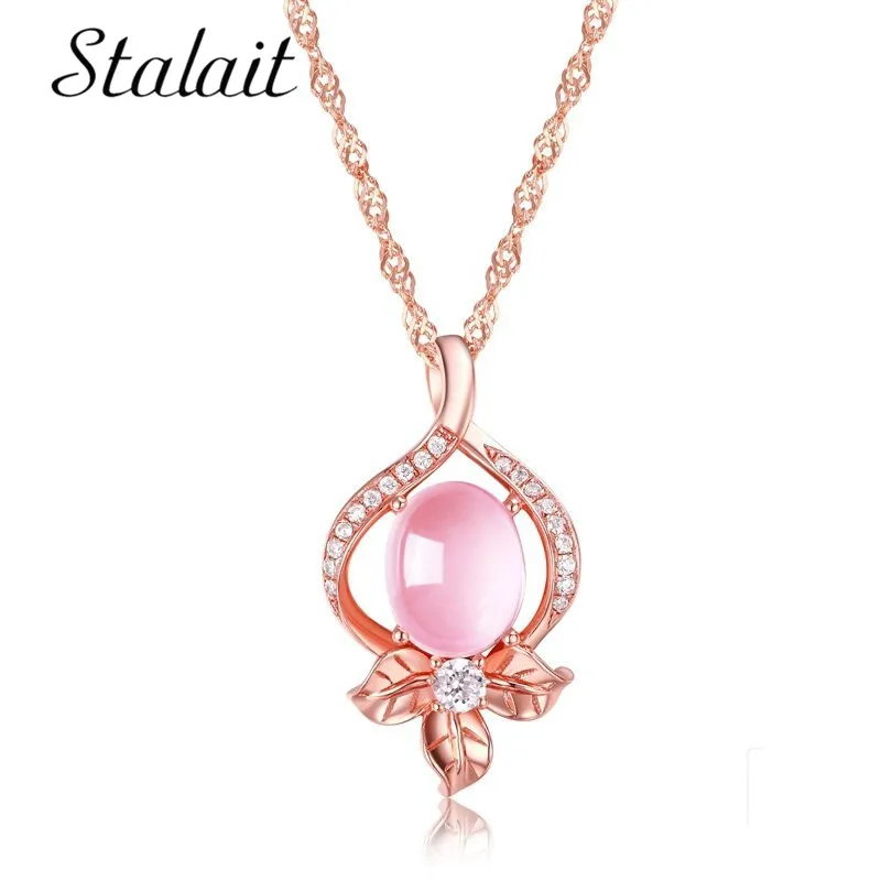 

Romantic Sweet Pink Stone Peach Style Powder Crystal Pendant Necklace Fashion Shining Flower Gold Chain Necklace New
