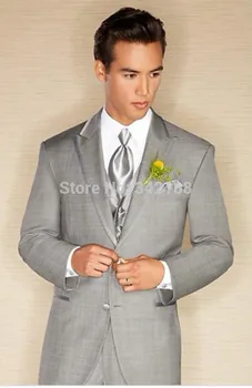 Skup Najlepszy Slim Fit Groom Smokingi Light Grey Najlepszy Człowiek Szczyt Lapel Groomsman Mężczyźni Kolacja Garnitury ślubne Oblubieniec (kurtka + Spodnie + Kamizelka + Krawat) W