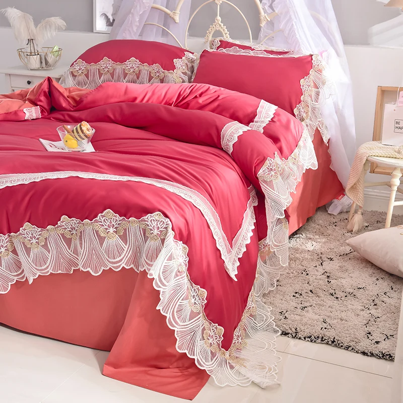 Waliicorners Super soft washed silk Bedding Set Duvet Cover Sheet/fitted sheet Pillowcase King Queen Size lace Bed Linen 72 DSC_1020