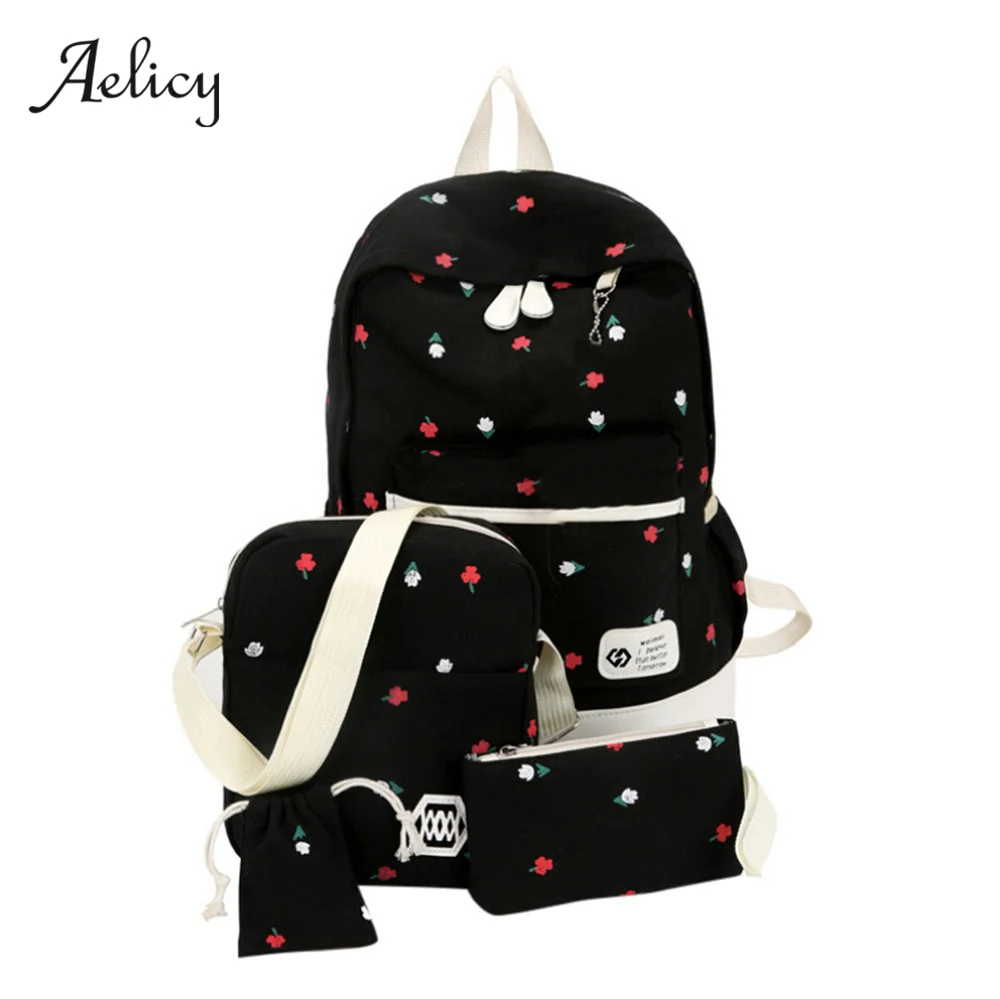Aelicy Four Sets Canvas Shoulder Bag Large Backpack Schoolbag For Youth